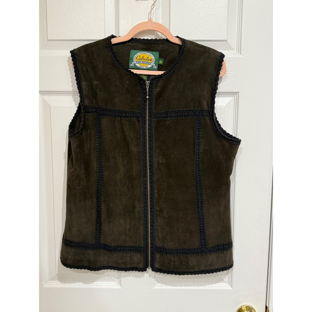 Cabelas For Women Genuine Suede Leather Vest Crochet Trim Green XL 912735